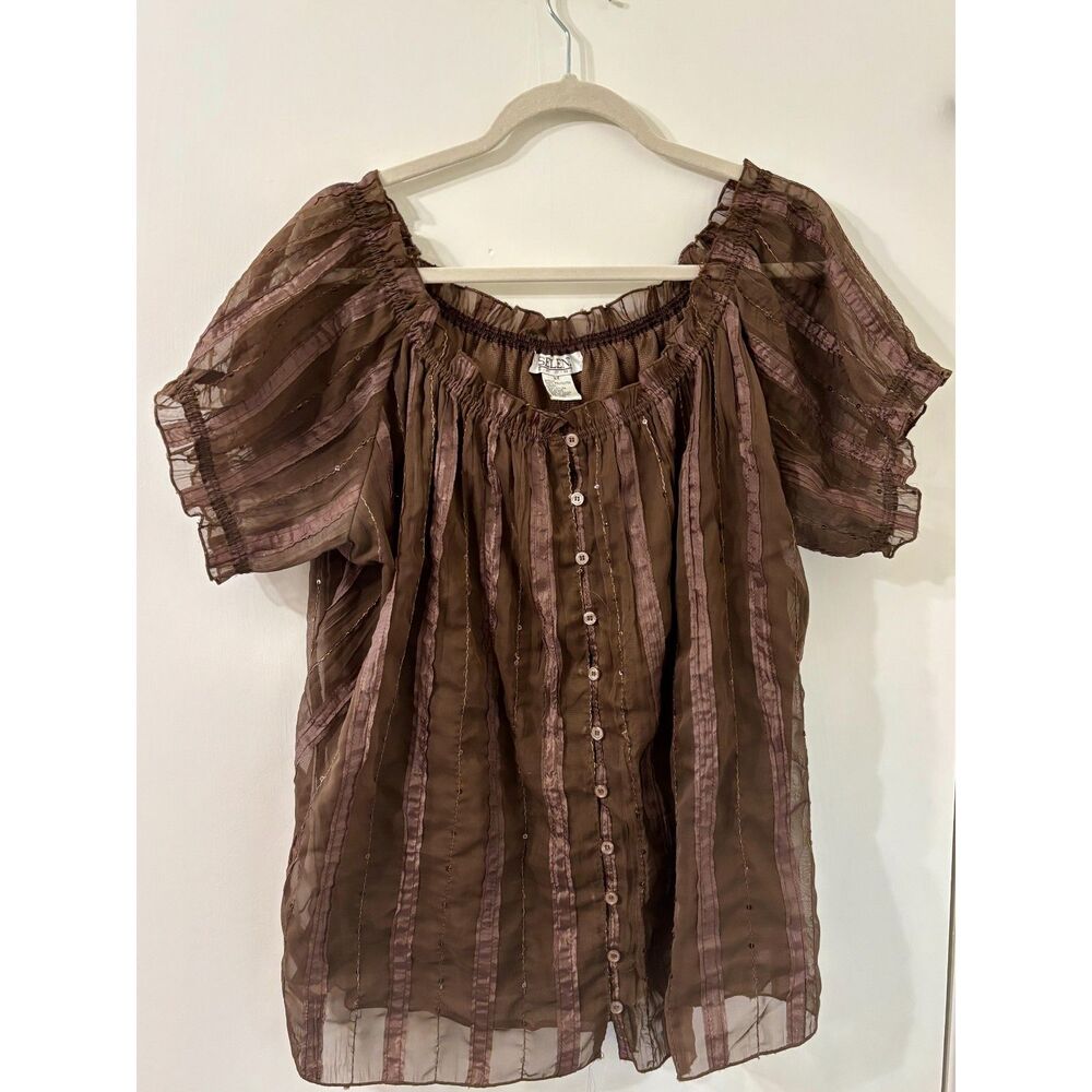 Selene Sport W 2X Cocoa Brown Spangled Layered Cami Puffy Short Sleeve Top